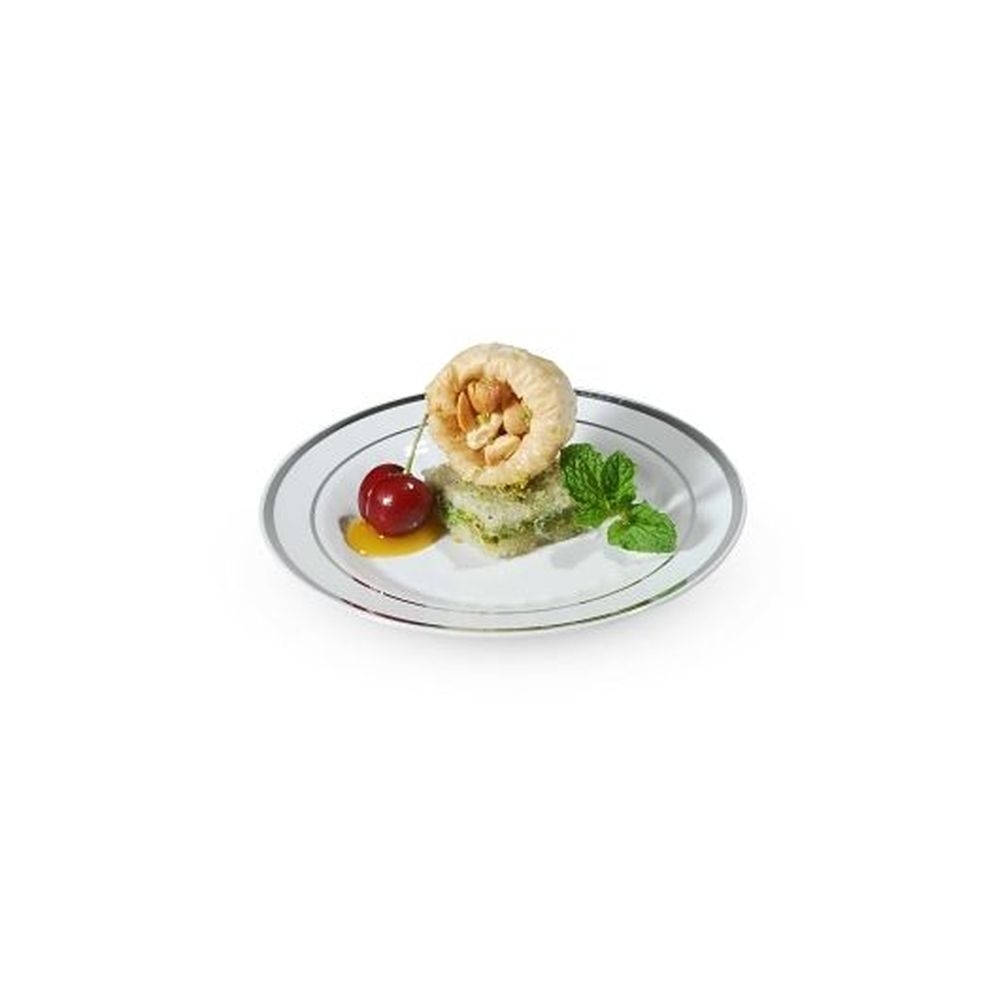 Silver Splendor 6 inch Polystyrene White Dessert Plate with Silver Foil Trim