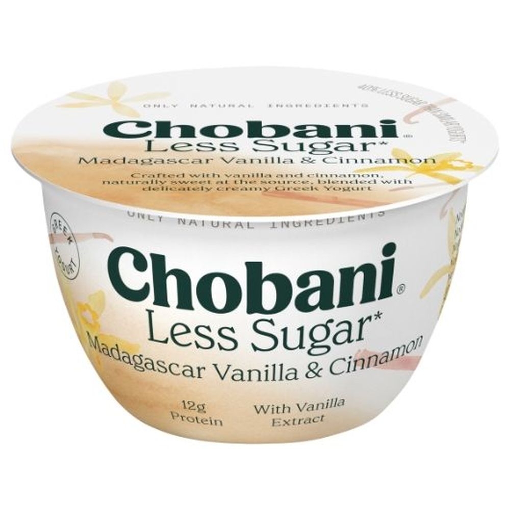 Chobani Less Sugar Vanilla Cinnamon Greek Yogurt, 5.3 Ounce -- 12 per case.