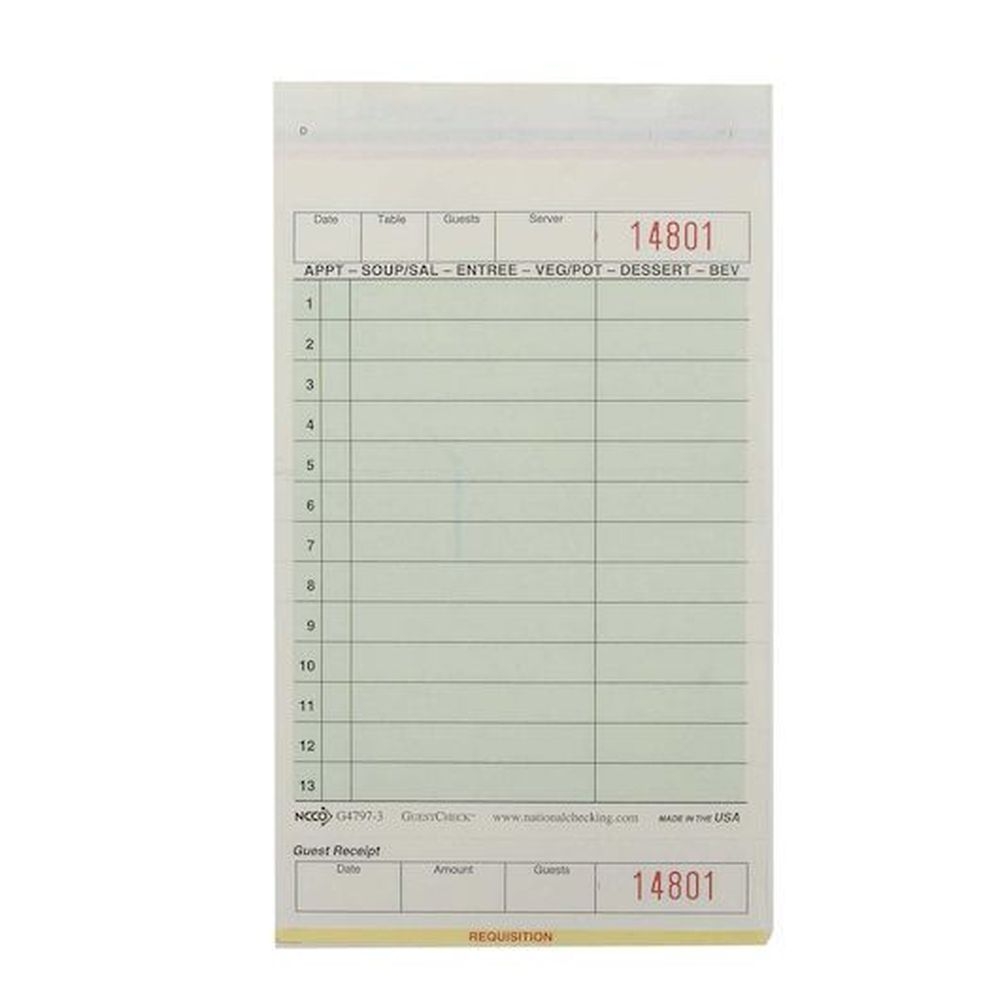 4.2 x 7.25 inch 3 Part Green Carbonless 13 Line Guest Check