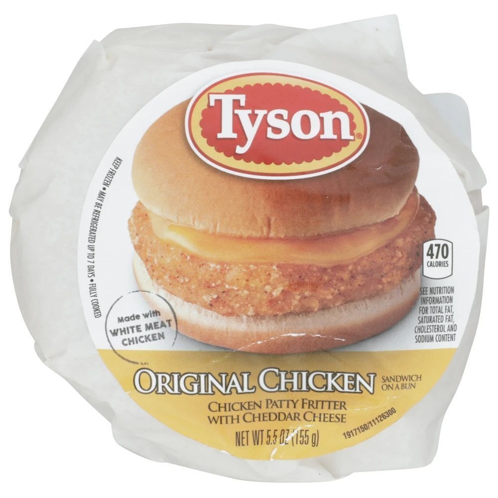 Tyson Foods Original Chicken Patty Fritter with Cheddar Cheese Sandwich, 5.5 Ounce -- 12 per case.