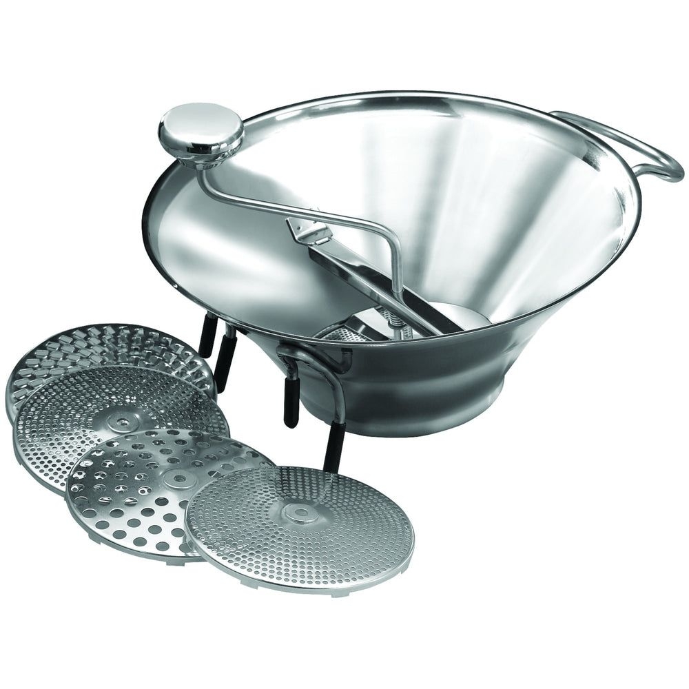 Winco Stainless Steel Heavyweight 5 Quart Food Mill With 5 Sieves, 12 3/4 Inch Dia.