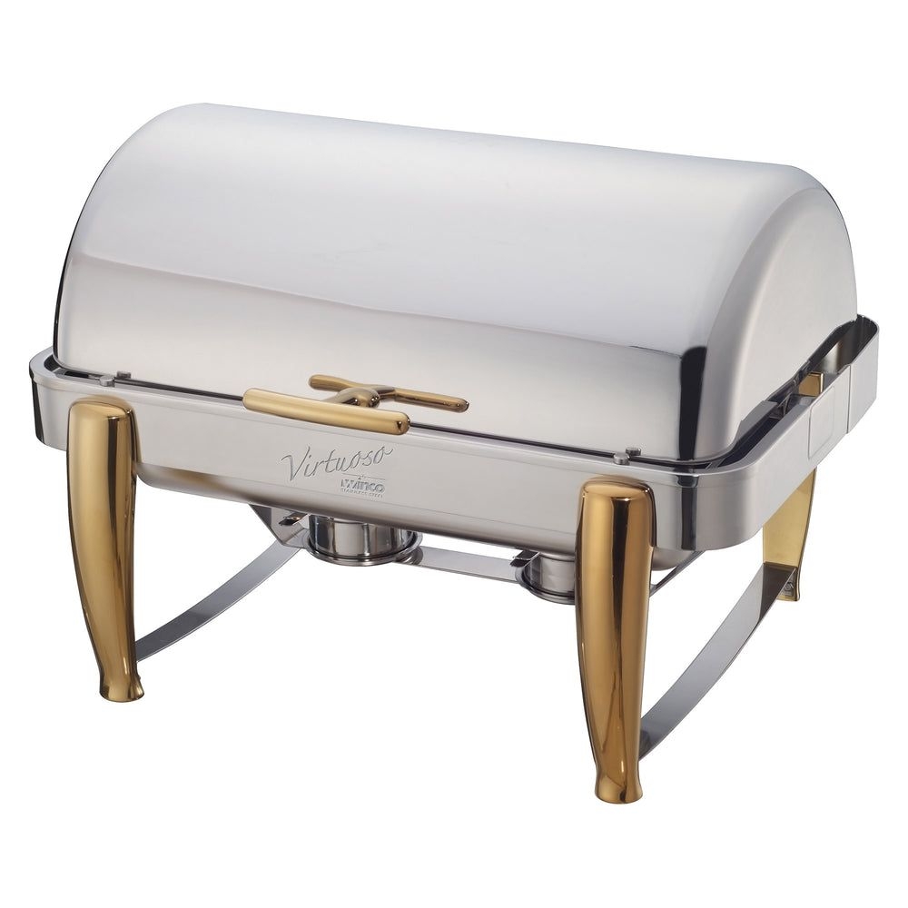 Winco Virtuoso Extra Heavyweight Stainless Steel Gold Accent Roll Top Full Size Chafer, 8 Quart.