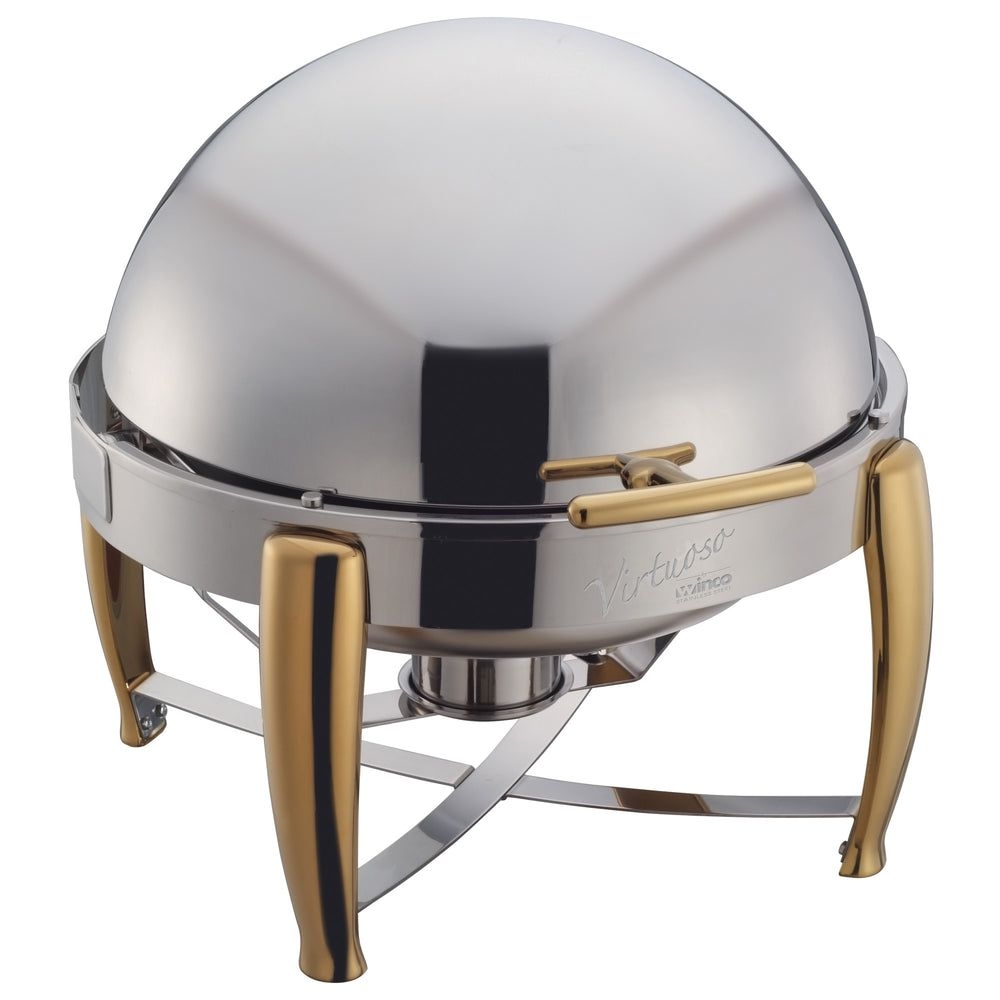 Winco Virtuoso Extra Heavyweight Stainless Steel Round Gold Accent Roll Top Chafer, 6 Quart.