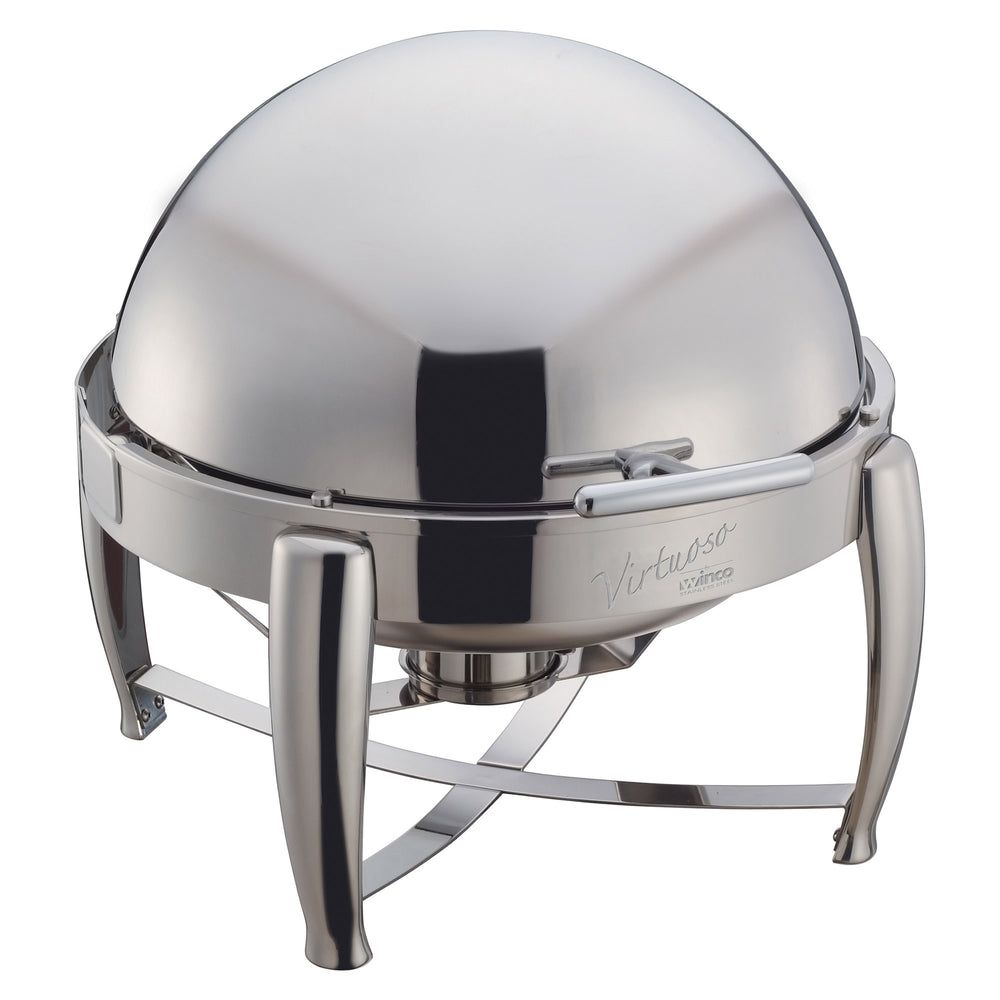 Winco Virtuoso Extra Heavyweight Stainless Steel Round Roll Top Chafer, 6 Quart.