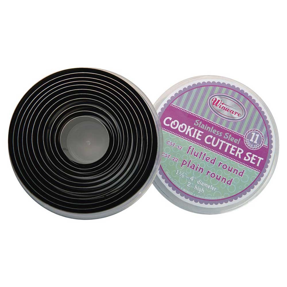 Winco Stainless Steel Fluted Round 11 Piece Cookie Cutter Set, 1 3/8 to 4 inch Dia x 2 inch Height -- 12 set per case.