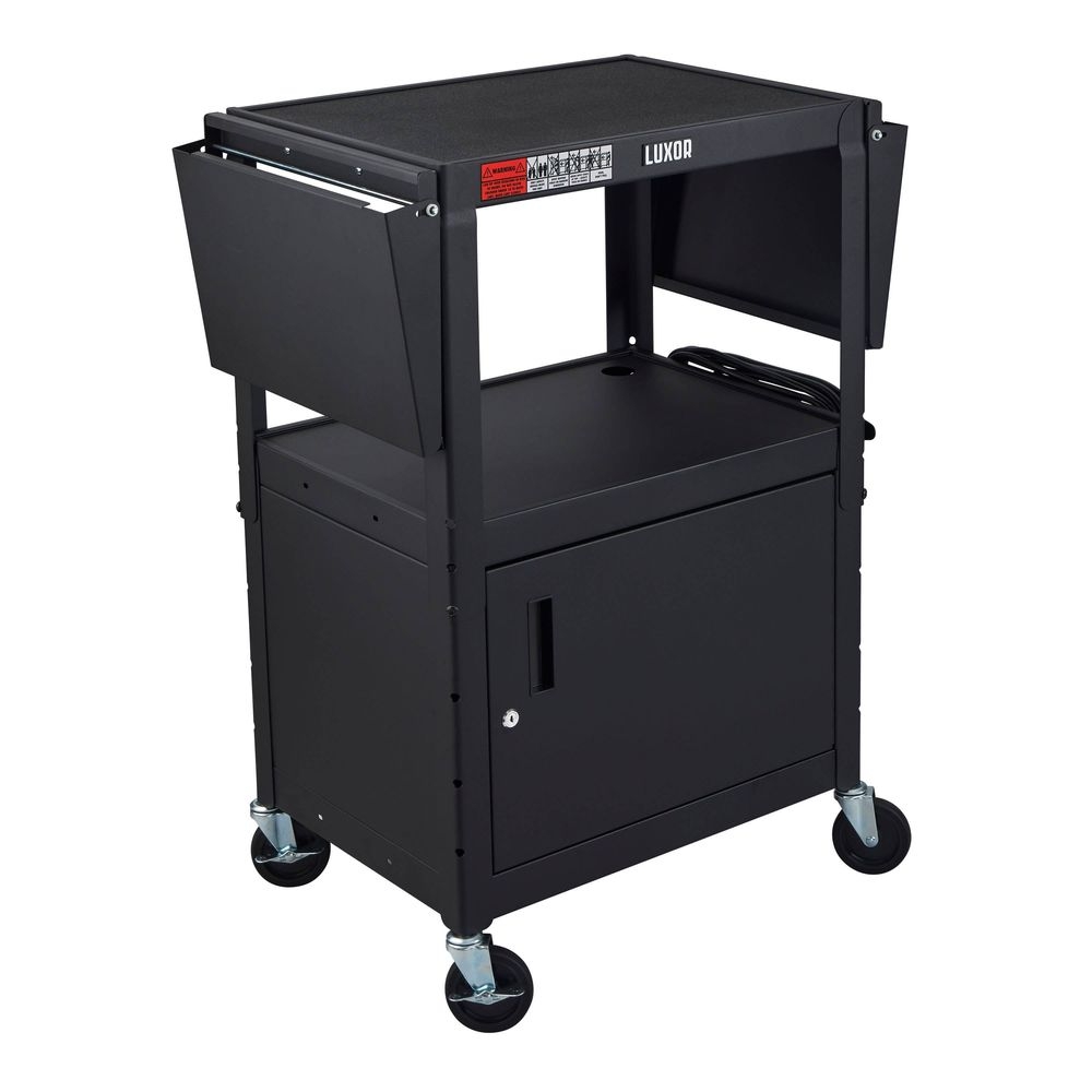 Luxor Black Adjustable Height Steel AV Cart with Cabinet and Drop Leaf, 24 x 18 x 24 inch Height