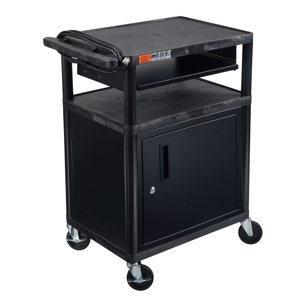 Luxor Black 3 Shelves Cabinet AV Cart with Front Pullout Shelf, 24 x 18 x 34 inch Height