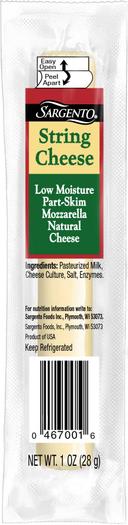 Sargento Single String Cheese Snack, 1 Ounce - 24 per pack -- 4 packs per case.