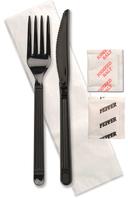 Forum Black Polypropylene Heavyweight Knife Fork Salt and Pepper Napkin Cutlery Kit -- 250 per case.