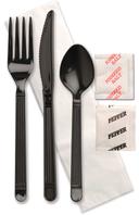 D and W Fine Pack Forum Ebony Fork Knife Teaspoon Salt and Pepper Napkin Meal Kit -- 250 per case.