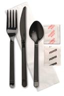 D and W Fine Pack Forum Ebony Fork Knife Teaspoon Salt and Pepper Napkin Kit -- 250 per case.
