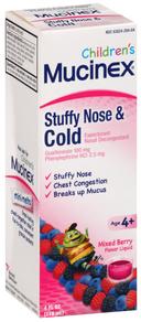 Mucinex Childrens Mixed Berry Flavor Stuffy Nose and Cold Liquid, 4 Fluid Ounce -- 6 per case