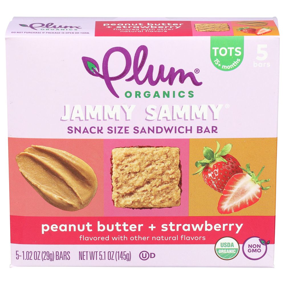 Plum Organics 1.02 Ounce Peanut Butter plus Strawberry Jammy Sammy Snack Size Sandwich Bar, 5 count -- 6 per case