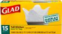 Glad Quick Tie Tall Kitchen Trash Bag, 13 Gallon - 15 per pack -- 12 packs per case.
