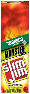 Slim Jim Monster Tabasco Stick - 18 count per box -- 6 boxes per case