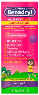Benadryl Childrens Allergy Plus Congestion Grape Flavored Liquid, 4 Fluid Ounce -- 36 per case