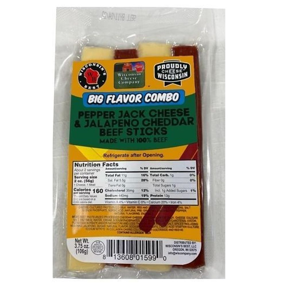 Wisconsins Best Pepper Jack Cheese and Jalapeno Cheddar Beef Stick - Shelf Stable, 3.75 Ounce -- 48 per case