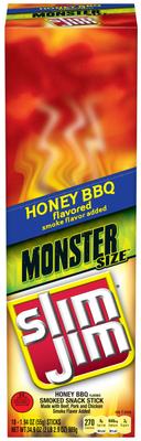 Slim Jim Honey Barbeque Monster Stick - 18 count per box -- 6 boxes per case
