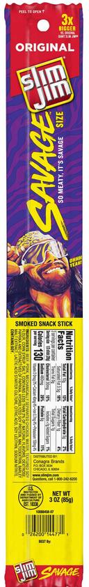 Slim Jim Savage Original Flavor Smoked Meat Snack Sticks, 3 Ounce - 12 count per pack -- 6 packs per case