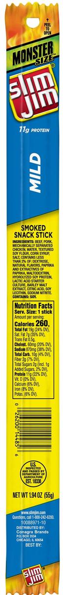 Slim Jim Monster Mild Smoked Snack Stick, 1.94 Ounce -- 108 per case
