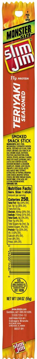 Slim Jim Monster Teriyaki Seasoned Smoked Snack Stick, 1.94 Ounce -- 108 per case