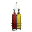 Tablecraft Prima Collection 16 Ounce Green Tinted Glass Pourer Bottles with Black Powder Coated Metal Rack, 5.125 x 2.75 x 15 inch -- 6 per case