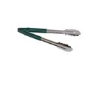 Tablecraft Stainless Steel Vinyl-Coated V-Hinge Tong with Green Handle, 12 inch
