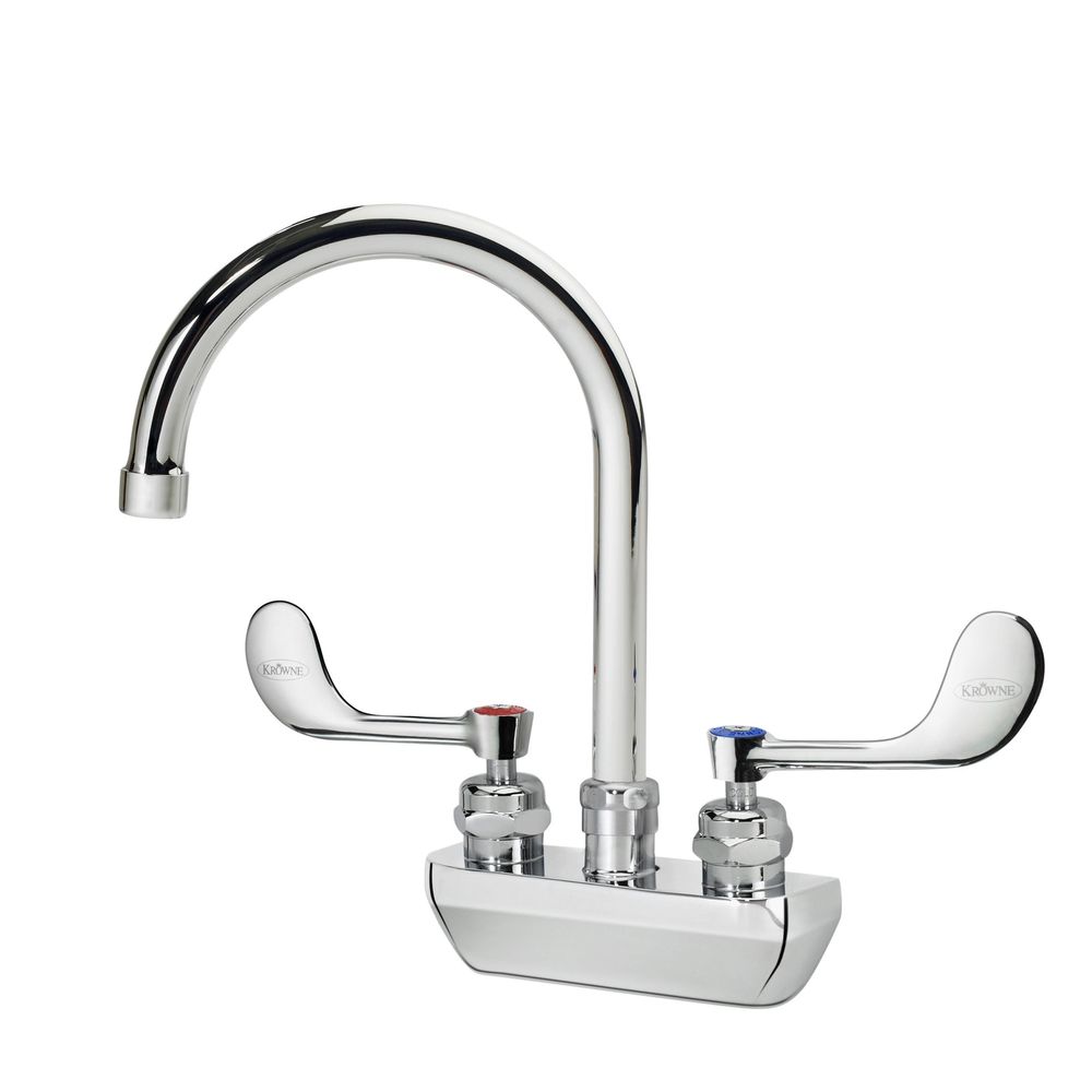 Krowne Royal Series 4 inch Center Wall Mount Faucet with 6 inch Wide Gooseneck Spout and Vandal Resistant Wrist Blades Handles