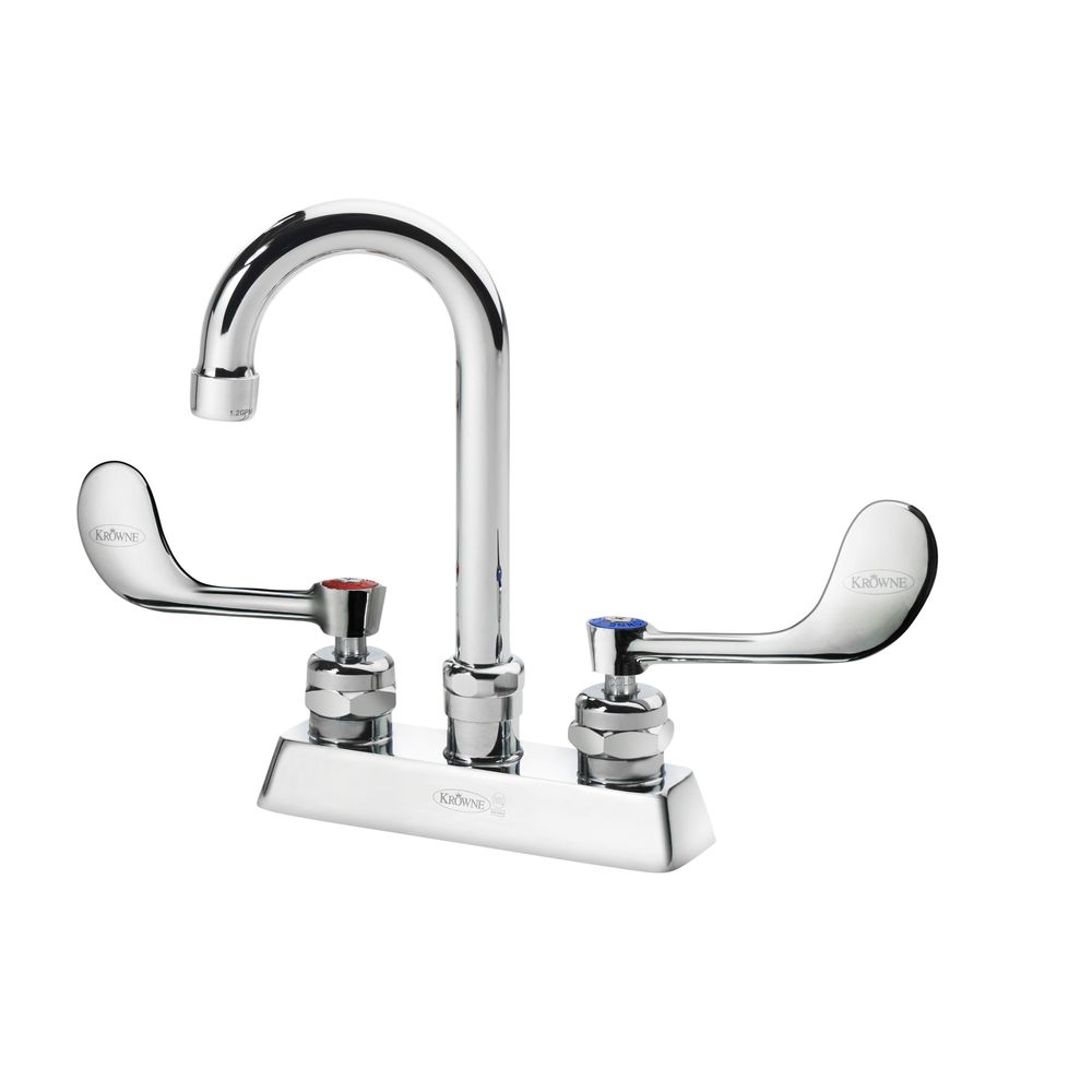 Krowne Royal Series 4 inch Center Deck Mount Faucet with 3.5 inch Wide Gooseneck Spout and Vandal Resistant Wrist Blades Handles