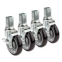 Krowne 6 inch Overall 1 inch Square Post Wire Shelving Caster with Side Brake and 5 inch Wheel, set of 4