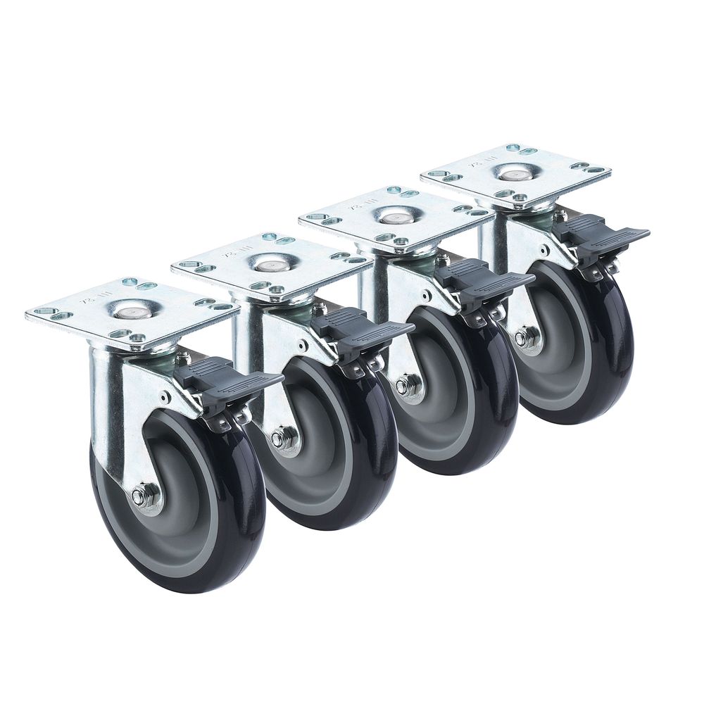 Krowne 6 inch Overall Heavy Duty Universal 3.5 inch x 3.5 inch Plate Caster with Front Brake and 5 inch Wheel, set of 4