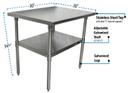 BK Resources 18 Gallon T-430 Stainless Steel Flat Top Work Table with Galvanized Undershelf and Galvanized Legs, 30 inch Width x 30 inch Depth