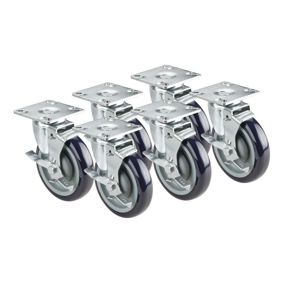 Krowne 5 inch Overall 3.5 x 3.5 inch Plate Casters with 4 inch Wheels and Side Brakes for Refrigeration, set of 6
