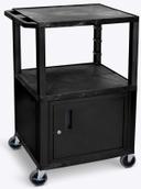 Luxor Black Cabinet AV Cart with 3 Shelves and Black Legs, 24 x 18 x 42.5 inch Height
