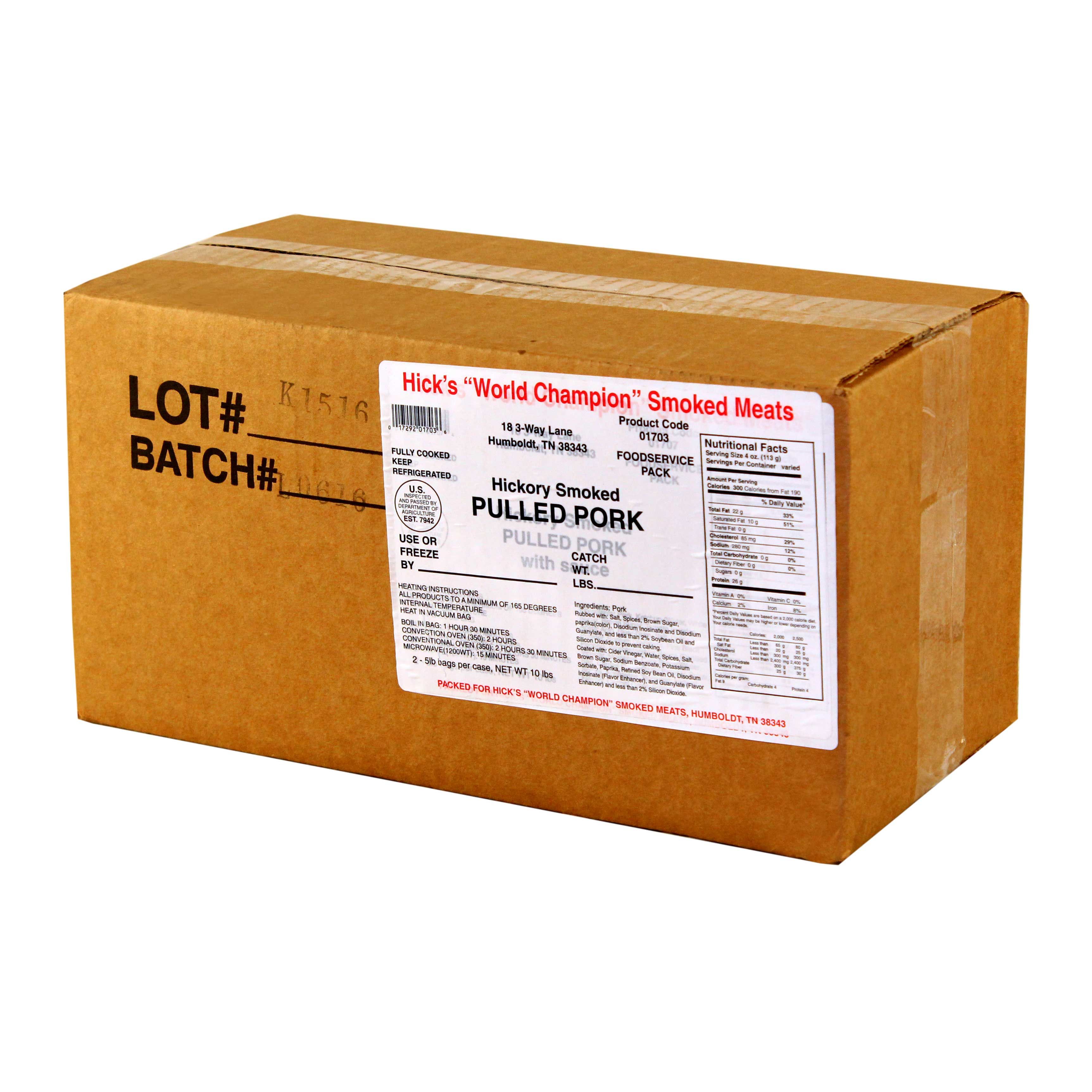 Hick's Hickory Smoked Boneless Pulled Pork No Sauce, 5 Pound -- 2 Per Case