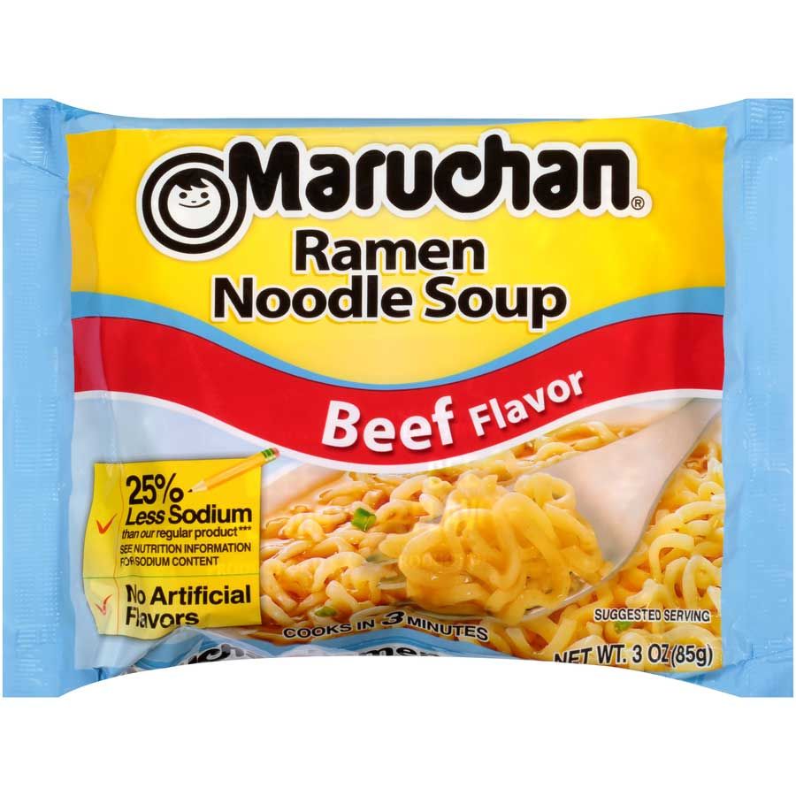 Maruchan 35 Percent Less Sodium Instant Beef Ramen Noodle Soup, 3 Ounce -- 24 Per Case