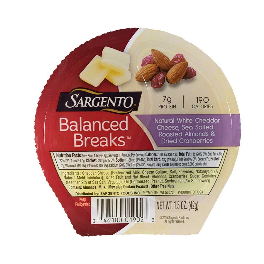 Sargento Balanced Breaks Single Natural White Cheddar Cheese With Almonds And Cranberries, 1.5 Ounce -- 12 Per Case