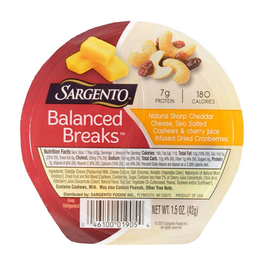 Sargento Balanced Breaks Single Natural Sharp Cheddar Cheese With Cashews And Cranberries, 1.5 Ounce -- 12 Per Case