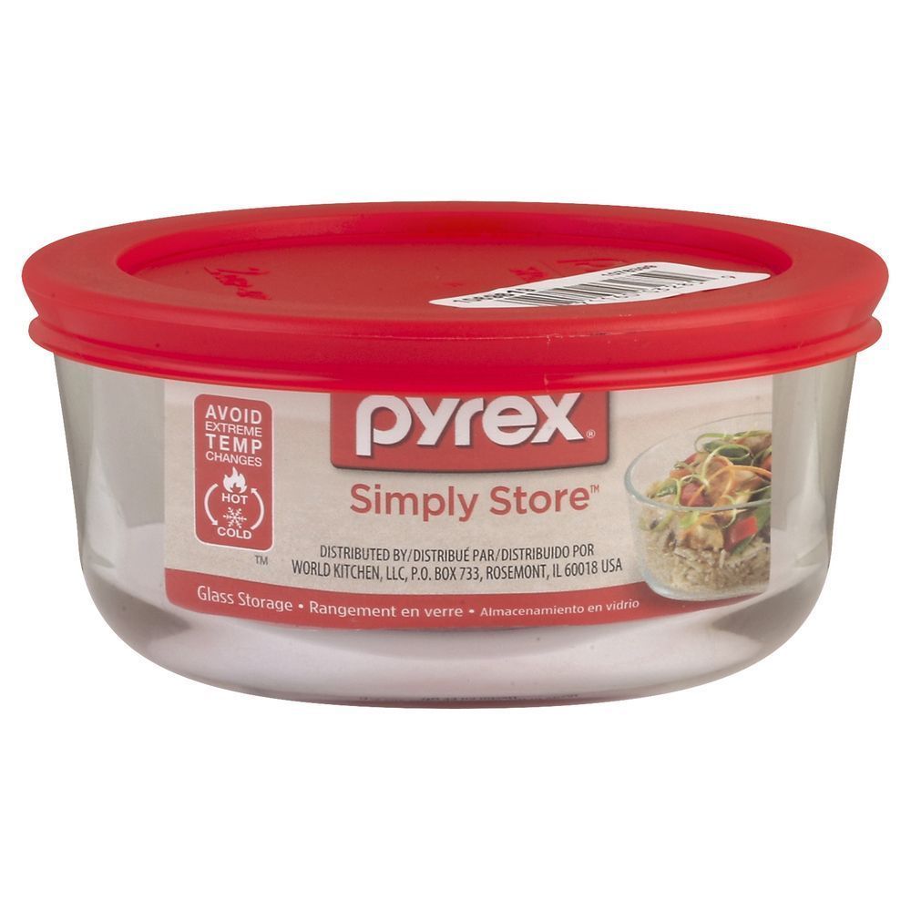 Pyrex Red Glass Round 2 Cup Storage Container With Plastic Lid, 4.75 X 2.25 Inch -- 6 Per Case