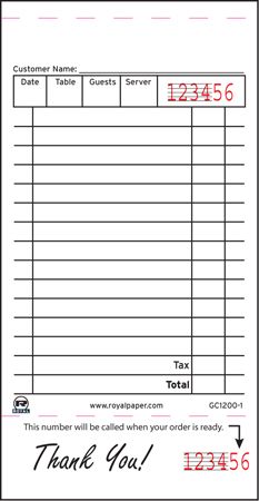 Royal White Booked 1 Part 15 Lines Guest Check Single Part Paper -- 100 Per Case