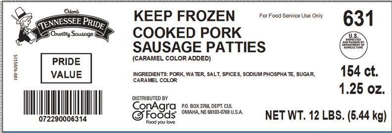 Odom's Tennessee Pride Fully Cooked Trimmed No Msg Formed Sausage Patty, 12 Pound
