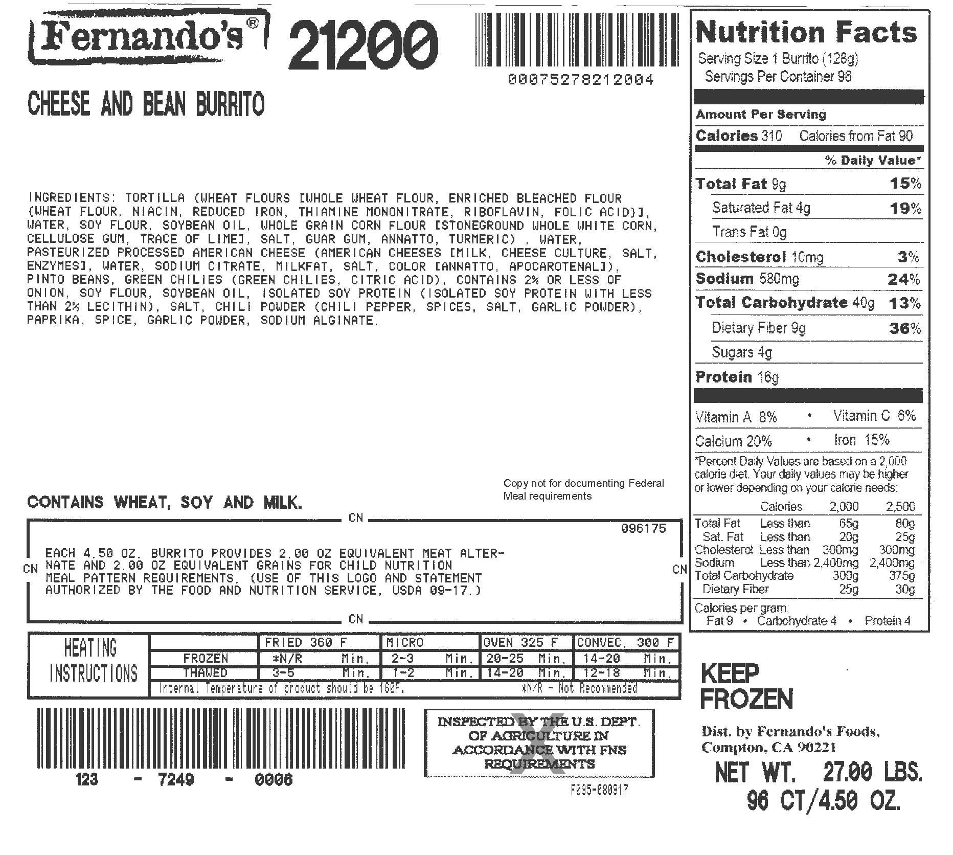 Fernando's Whole Grain Bulk Cheese And Beans Burrito, 4.5 Ounce -- 96 Per Case