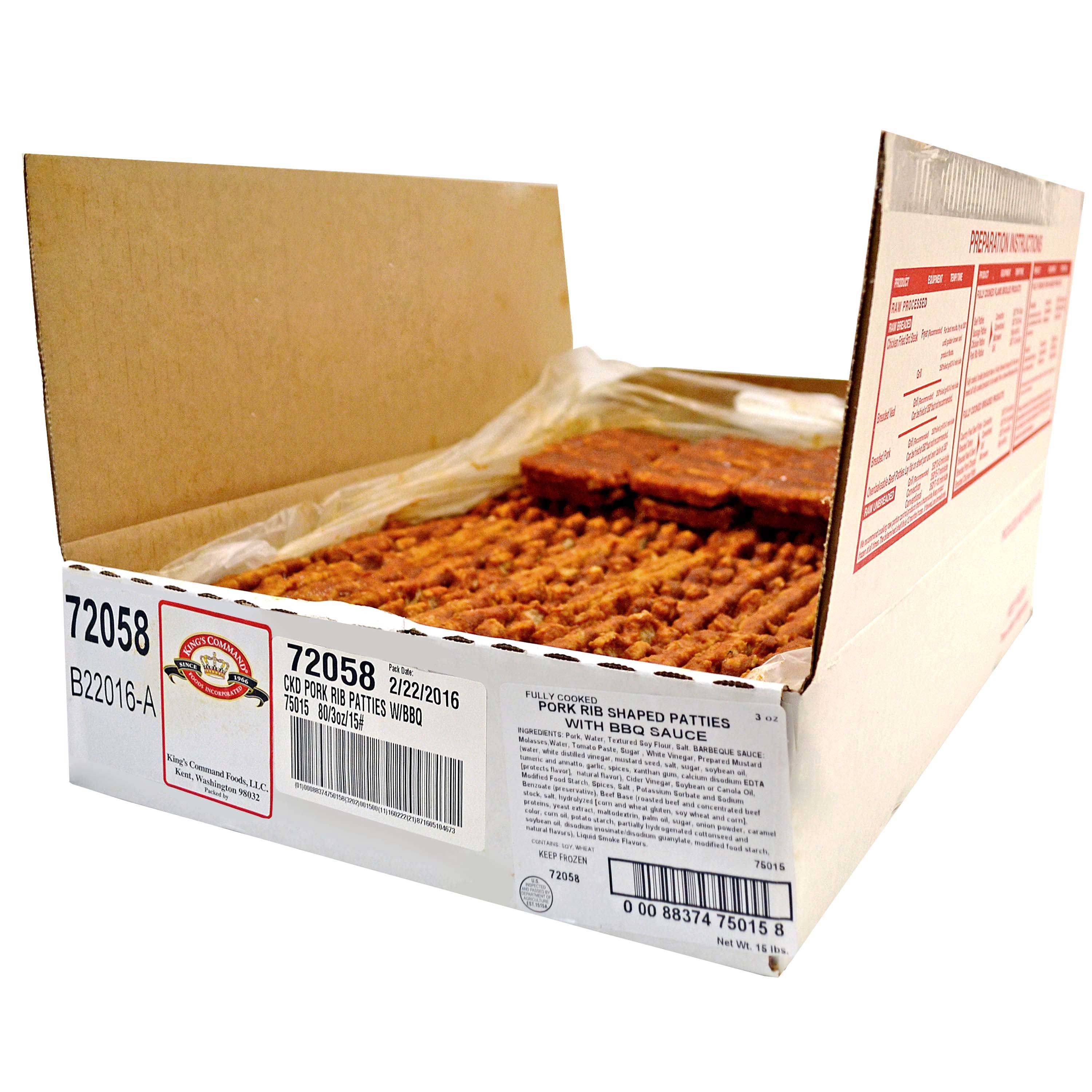 King's Command Fully Cooked Pork Rib Shaped Patties With Bbq Sauce, 3 Ounce -- 80 Per Case