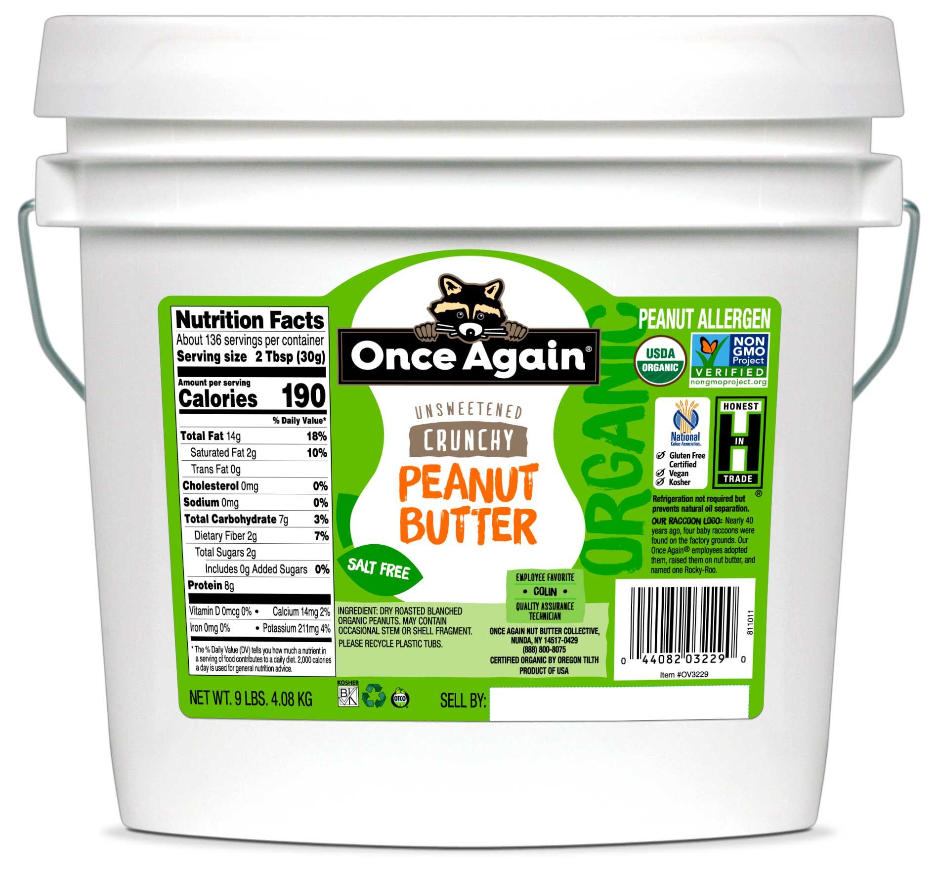 Once Again Organic Crunchy No Salt Peanut Butter, 9 Pound