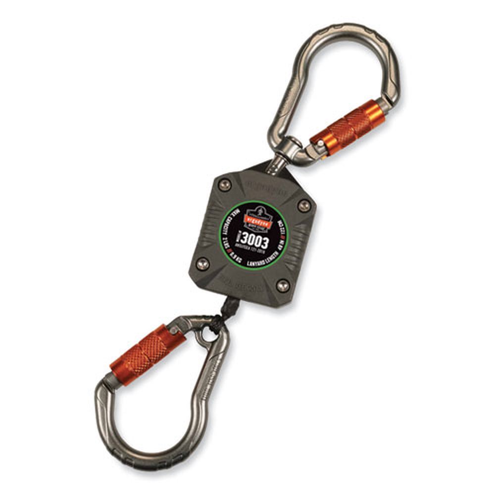 Ergodyne Squids 3003 Gray 8 To 48 Inch Retractable Lanyard With Two Carabiners, 2 Pound Max Working Capacity