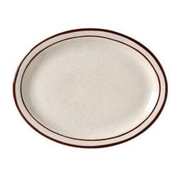 Vertex China Caravan Brown Speckled Double Band Undecorated American White Narrow Rim Oval Platter, 13 1/4 Inch -- 12 Per Case