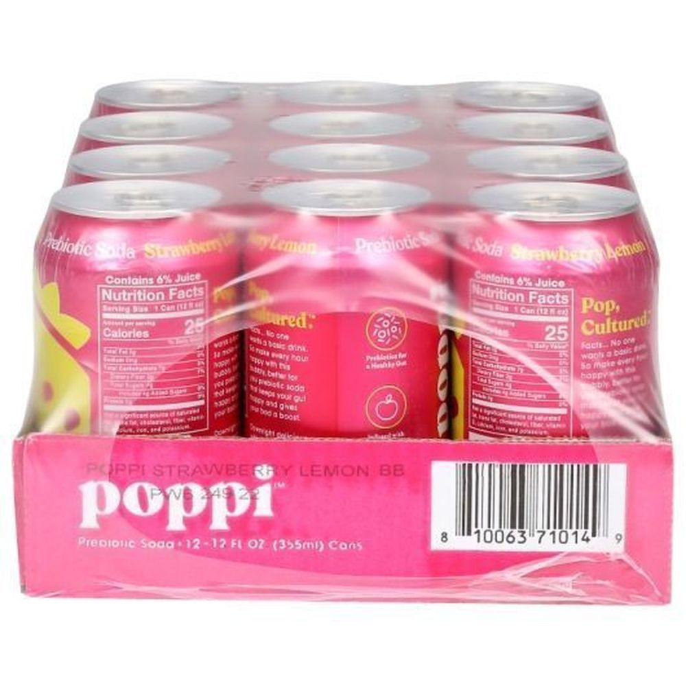 Poppi Strawberry Lemon Prebiotic Soda, 12 Fluid Ounce -- 12 Per Case