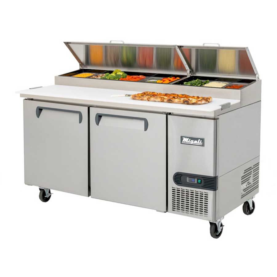 Migali Stainless Steel 2 Door Pizza Prep Refrigerator With 2 Adjustable Shelf, 67 Inch Width X 33 Inch Depth X 42 Inch Height