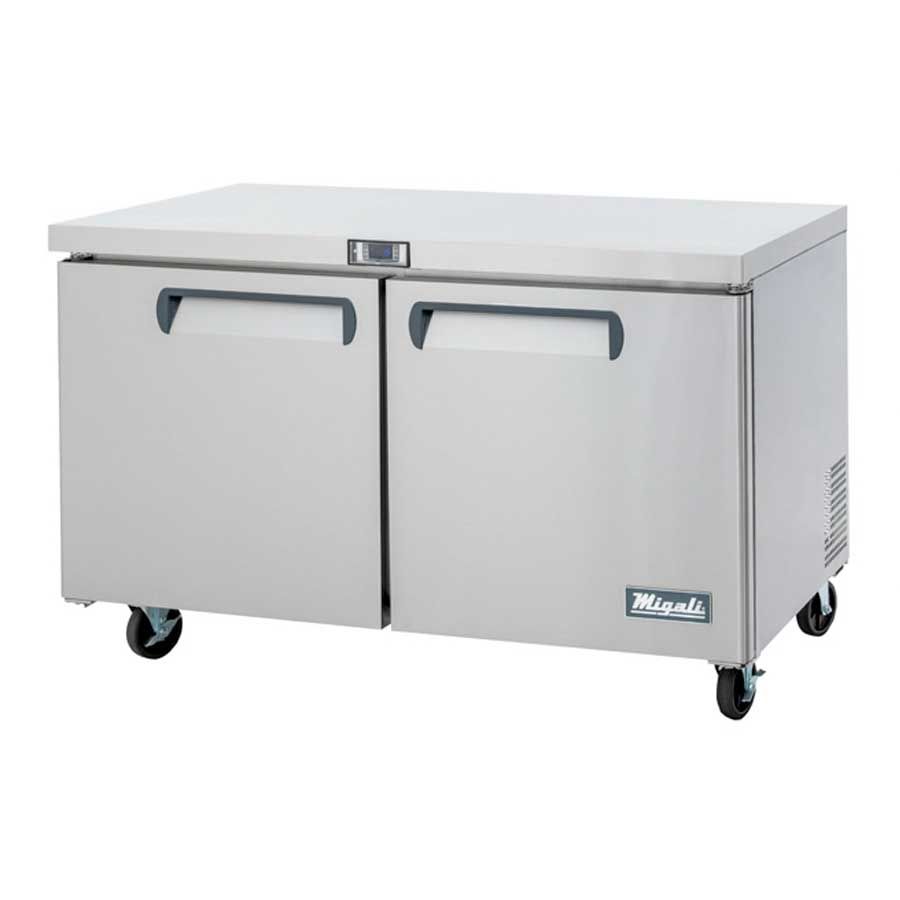 Migali Stainless Steel 2 Door Under Counter And Work Top Freezer With 2 Adjustable Shelves, 60.2 Inch Width X 30 Inch Depth X 37.25 Inch Height