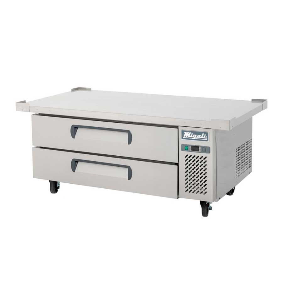 Migali Stainless Steel 52 Wide Refrigerated Chef Base With 60 Inch Extended Top, 60.5 Inch Width X 32 Inch Depth X 26.6 Inch Height